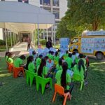 The school children watching the Manga Video and attending the AAC session propagating the importance of regular hand washing with soap and nail hygiene.