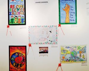Exhibition at Japan Foundation, showcasing the various colorful posters made by children depicting their understanding on the concept of Mottainai.